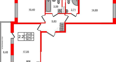 2-к. квартира, 54&nbsp;м²