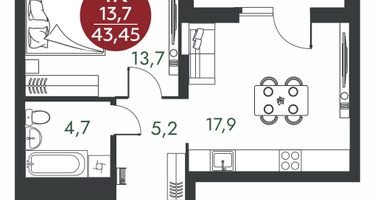 1-к. квартира, 43 м²