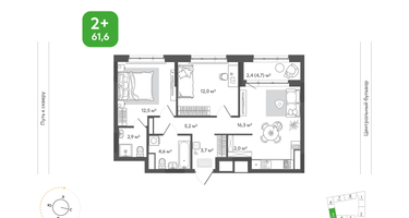 2-к. квартира, 61&nbsp;м²