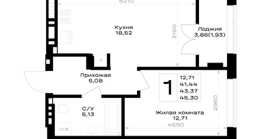 1-к. квартира, 43 м²