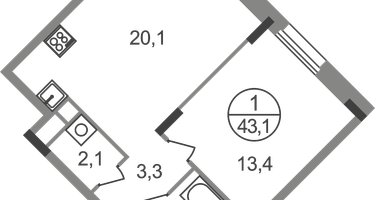 1-к. квартира, 43&nbsp;м²