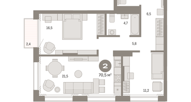 2-к. квартира, 70&nbsp;м²