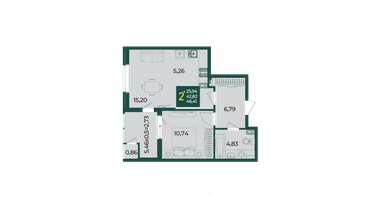 2-к. квартира, 46&nbsp;м²