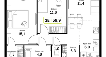 2-к. квартира, 59 м²