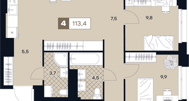 4-к. квартира, 113 м²