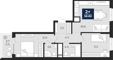 2-к. квартира, 57&nbsp;м²