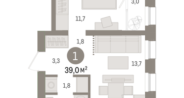 1-к. квартира, 38&nbsp;м²