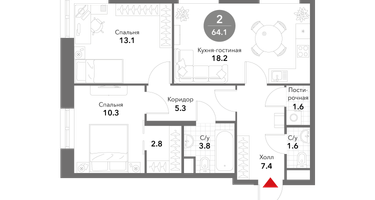 2-к. квартира, 65&nbsp;м²
