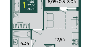 1-к. квартира, 36 м²