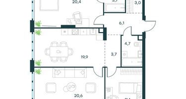 3-к. квартира, 93 м²