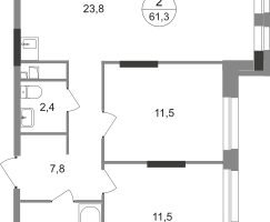 2-к. квартира, 61&nbsp;м²