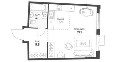 1-к. квартира, 34&nbsp;м²