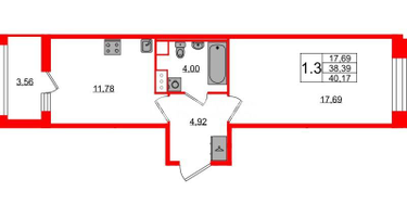 1-к. квартира, 38&nbsp;м²
