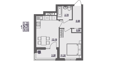 1-к. квартира, 35 м²