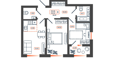 3-к. квартира, 58&nbsp;м²