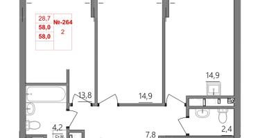 2-к. квартира, 58&nbsp;м²