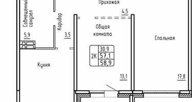 2-к. квартира, 58 м²