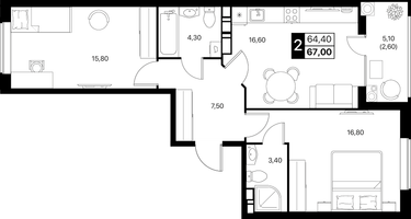 2-к. квартира, 67&nbsp;м²