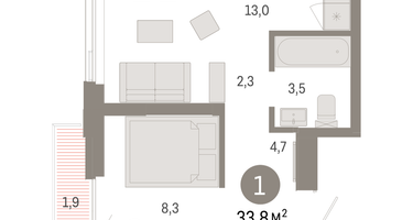 1-к. квартира, 33 м²