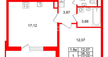 1-к. квартира, 38&nbsp;м²