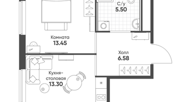 1-к. квартира, 38 м²