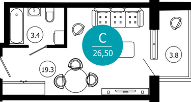 1-к. квартира, 26&nbsp;м²