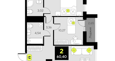 2-к. квартира, 57&nbsp;м²