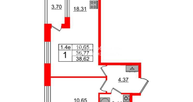 1-к. квартира, 36 м²