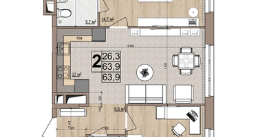 2-к. квартира, 63&nbsp;м²