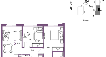 3-к. квартира, 60 м²