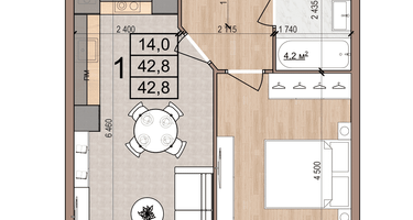 1-к. квартира, 42&nbsp;м²