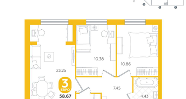 3-к. квартира, 58&nbsp;м²