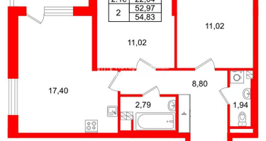 2-к. квартира, 52 м²