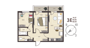 2-к. квартира, 48 м²