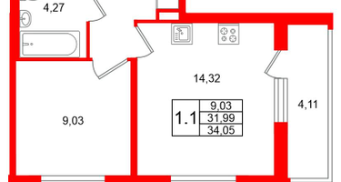 1-к. квартира, 31 м²