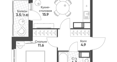1-к. квартира, 38 м²