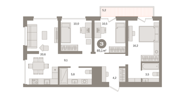 3-к. квартира, 86 м²
