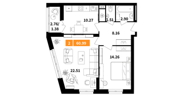2-к. квартира, 60 м²