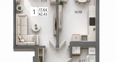 1-к. квартира, 42&nbsp;м²
