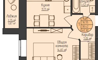 1-к. квартира, 40&nbsp;м²