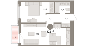 1-к. квартира, 50&nbsp;м²