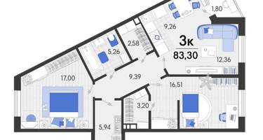 3-к. квартира, 83&nbsp;м²