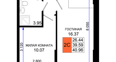 1-к. квартира, 40 м²
