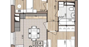 2-к. квартира, 55&nbsp;м²
