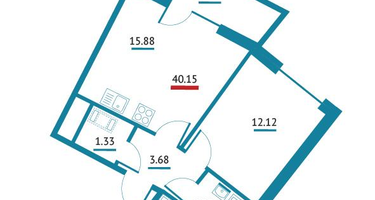 1-к. квартира, 40&nbsp;м²