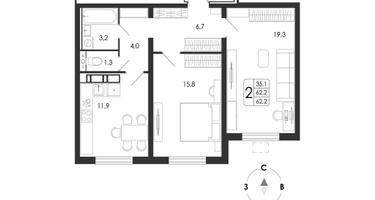 2-к. квартира, 62&nbsp;м²