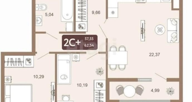 2-к. квартира, 62,5&nbsp;м²