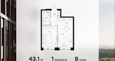 1-к. квартира, 43&nbsp;м²