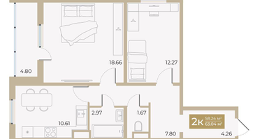 2-к. квартира, 58&nbsp;м²