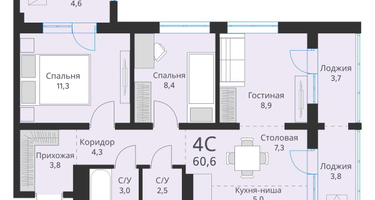 4-к. квартира, 60 м²